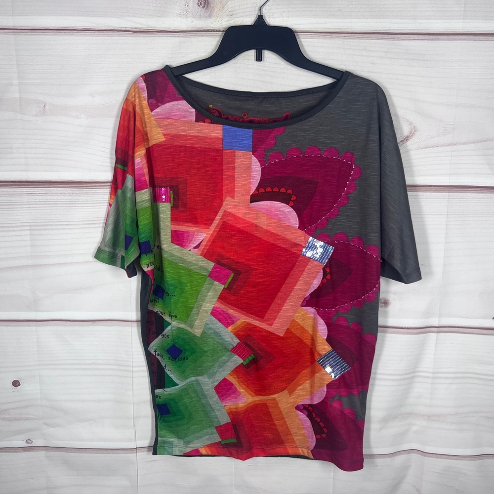Desigual Tunic T-Shirt Womens XS Multicolor Geometric Slub Knit Sequin Artsy